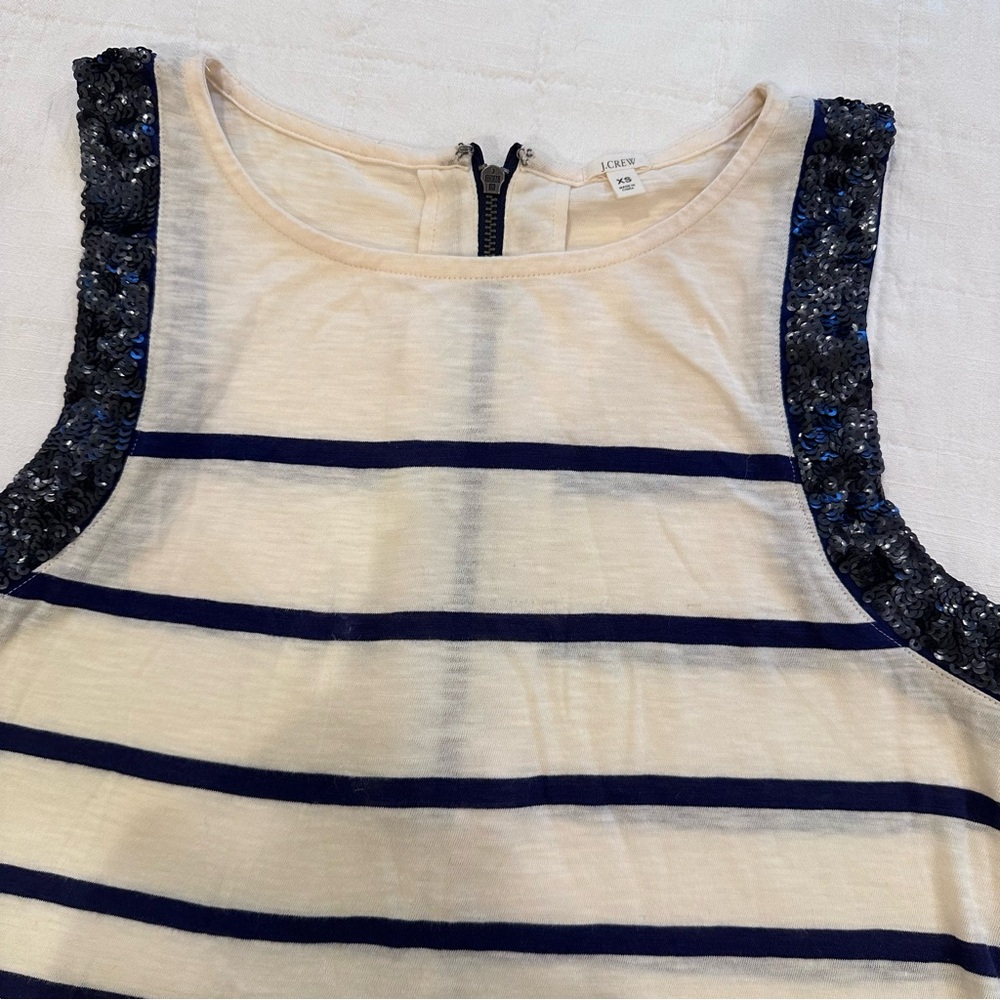J.Crew Blue and Cream Striped Tank with Sparkly Sequin Trim and Back Zipper